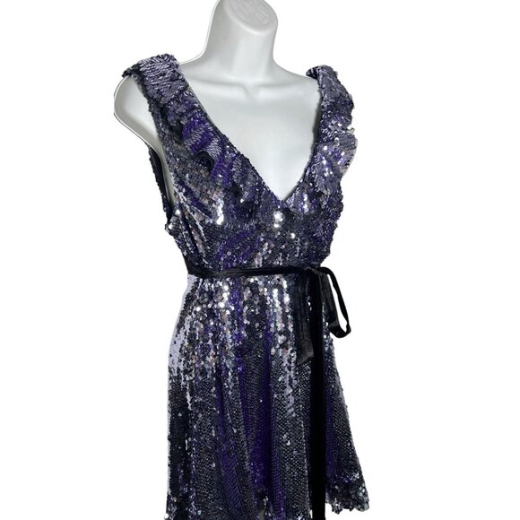 Free People Siren Sequin Mini Dress Purple Silver Ruffle Velvet Trim Party Sz 6 - Picture 13 of 16